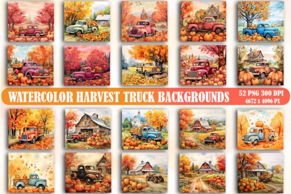 Watercolor Harvest Truck Backgrounds for Autumn Projects